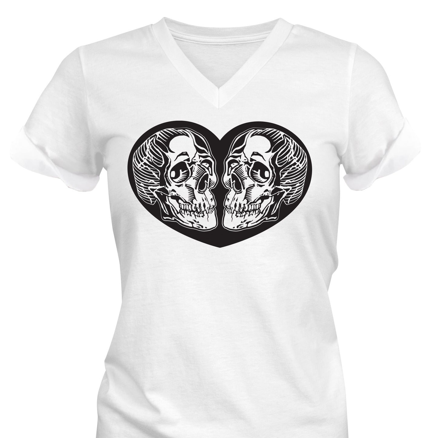 Black Heart with 2 Skulls V-Neck T-Shirt