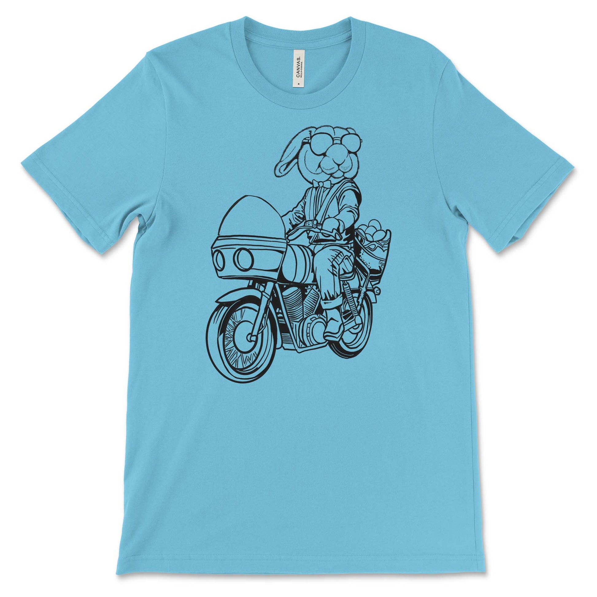 Bunny on a motorcycle ocean blue t-shirt