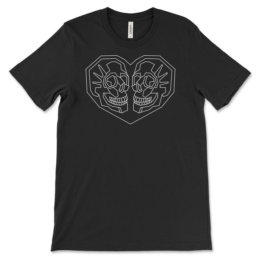 Black T-Shirt with Geometric heart with 2 skulls facing each other inside