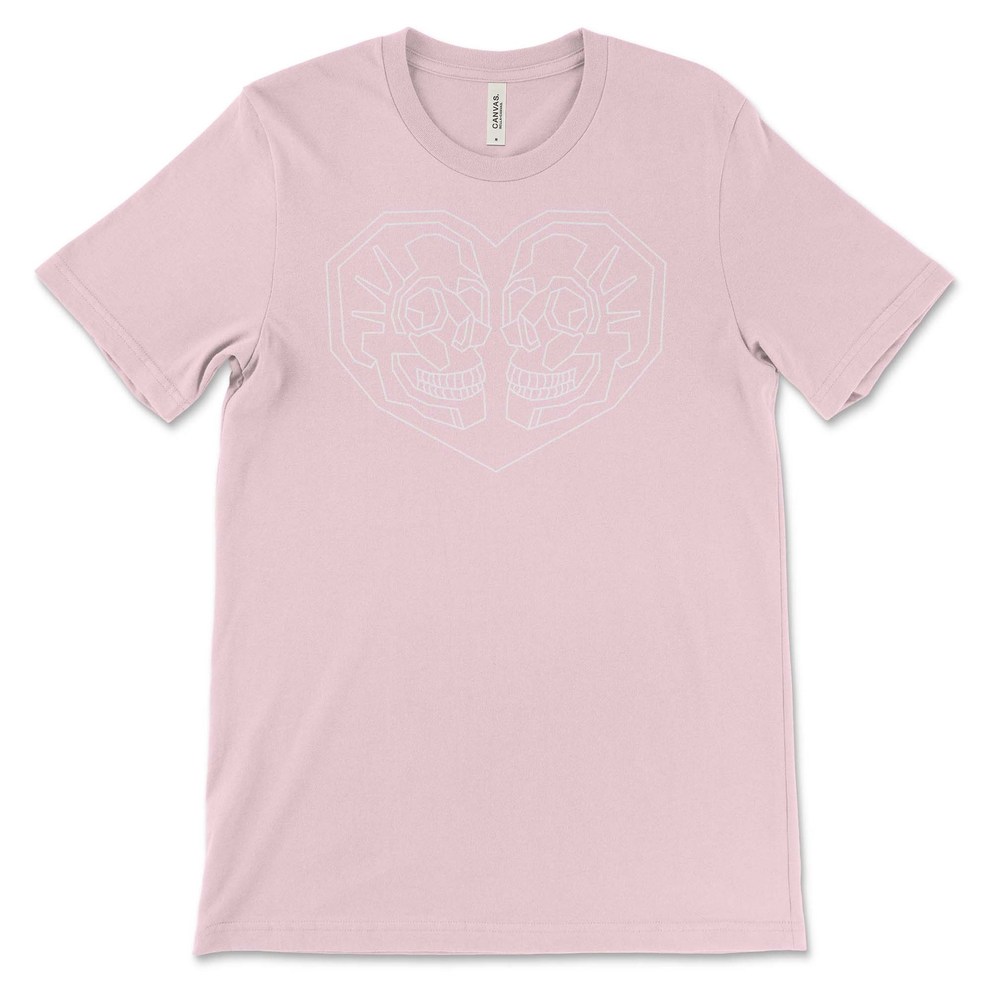 Pink T-Shirt with Geometric heart with 2 skulls facing each other inside