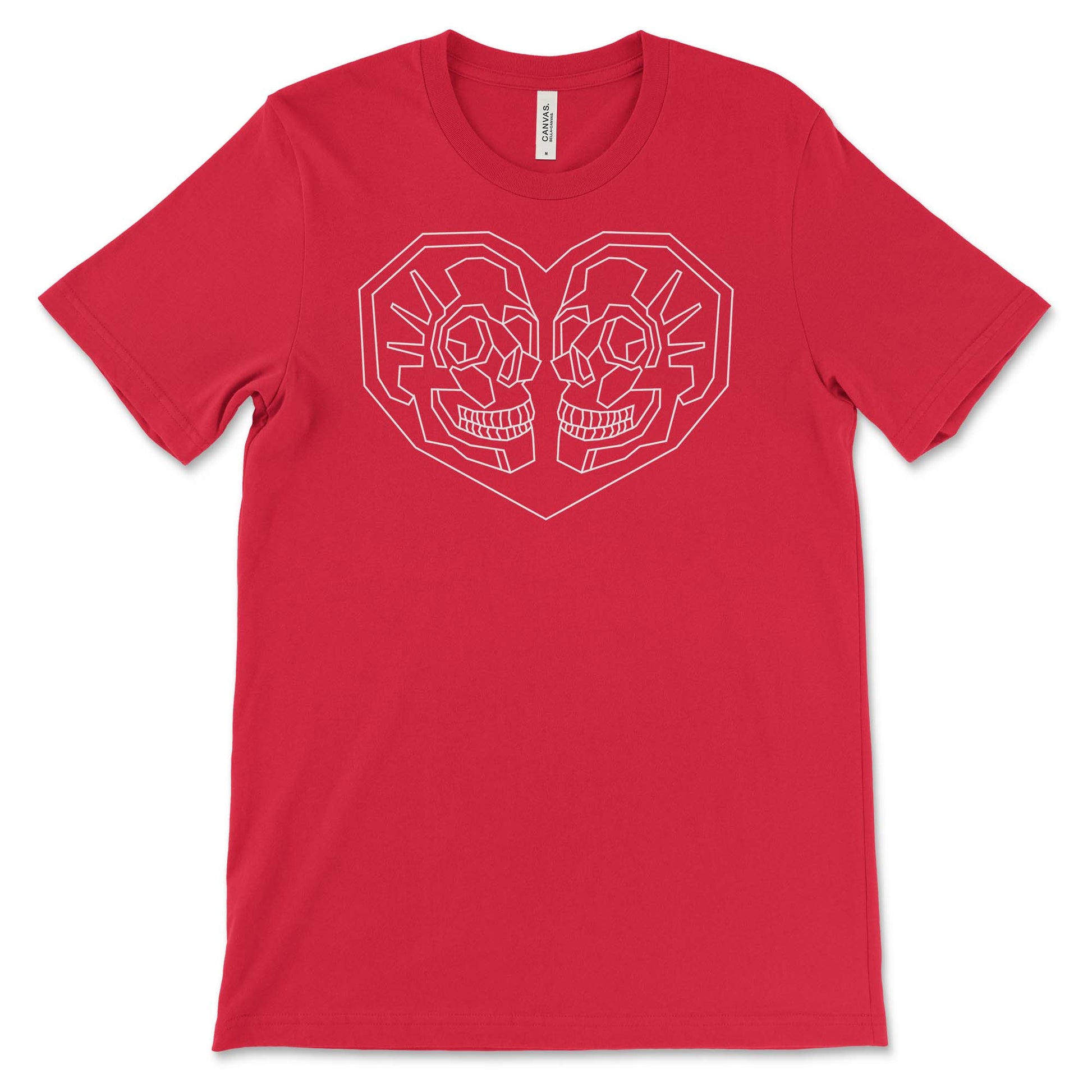 Red T-Shirt with Geometric heart with 2 skulls facing each other inside