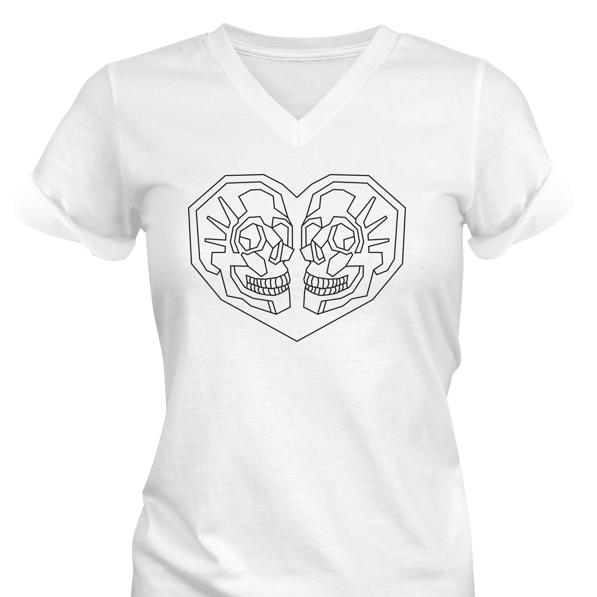 V-Neck T-Shirt with Black geometric heart with 2 Skulls inside