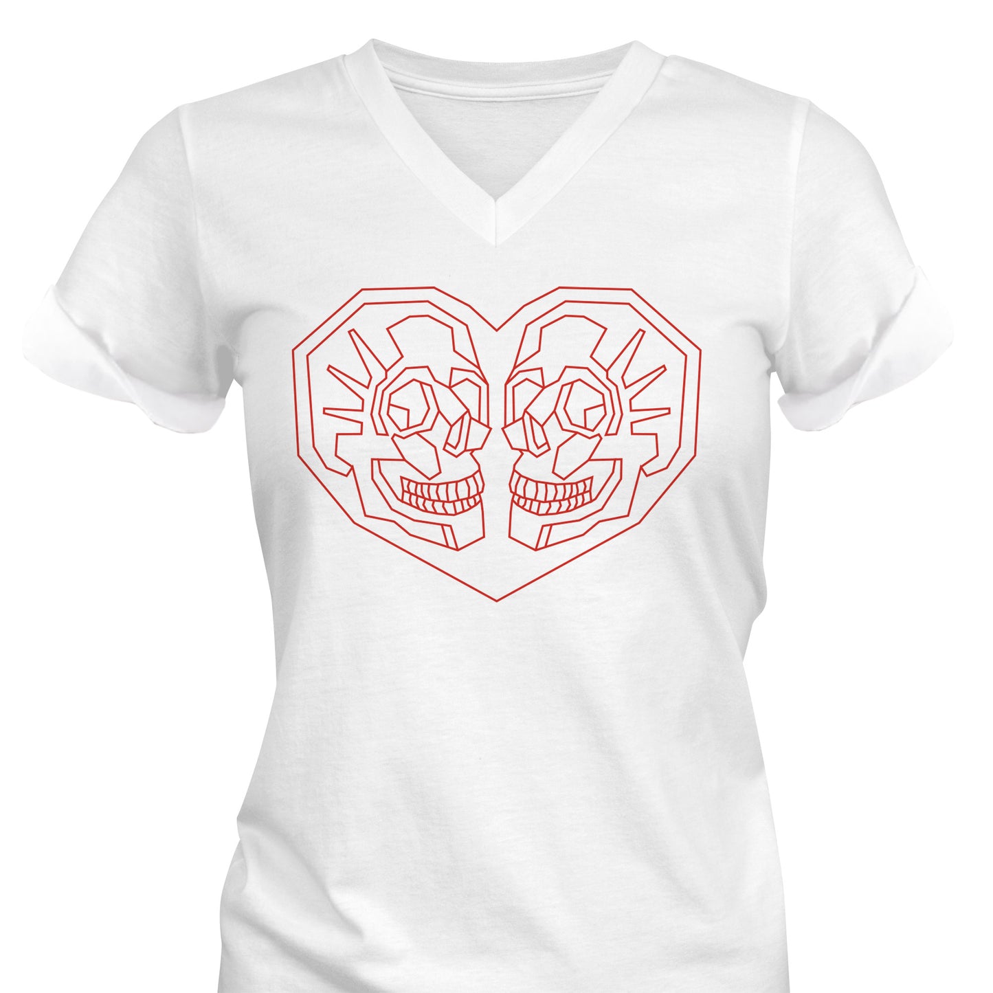 Valentines Day V-Neck T-Shirt with Geometric Heart with 2 skulls