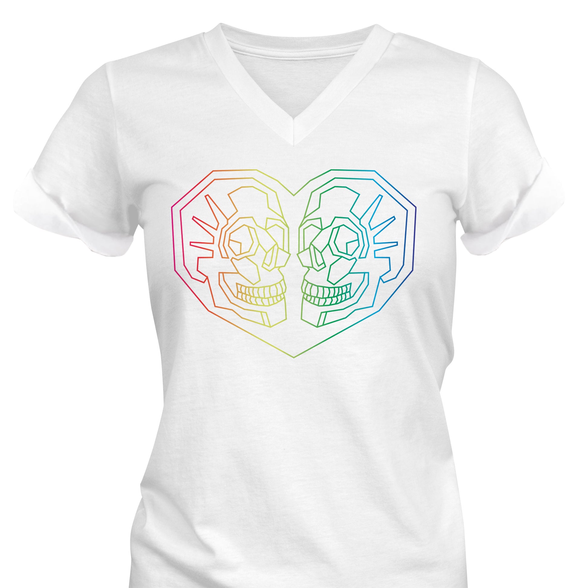 Geometric Rainbow Heart with 2 Skulls V-Neck T-Shirt