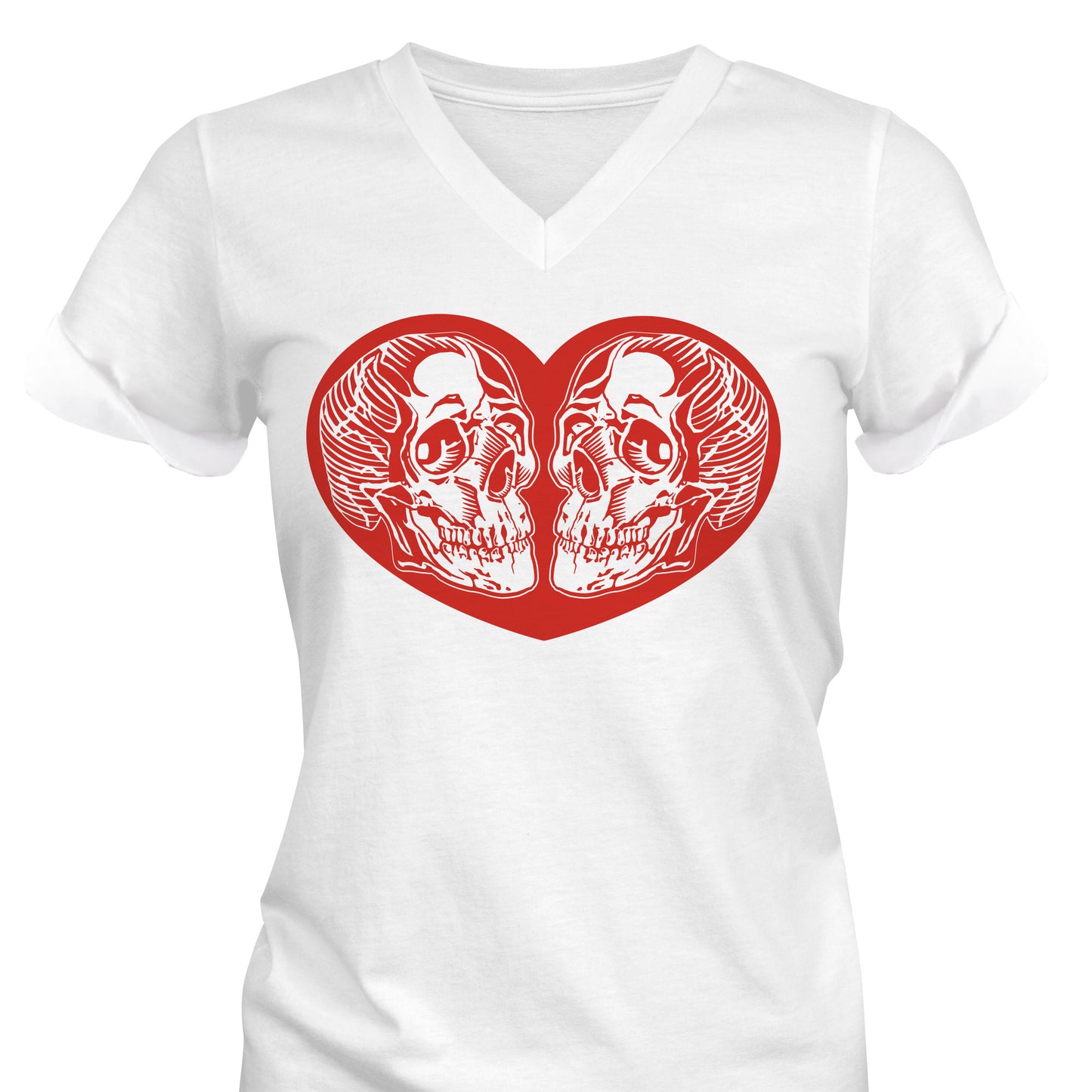 Red Heart with 2 Skulls V-Neck T-Shirt