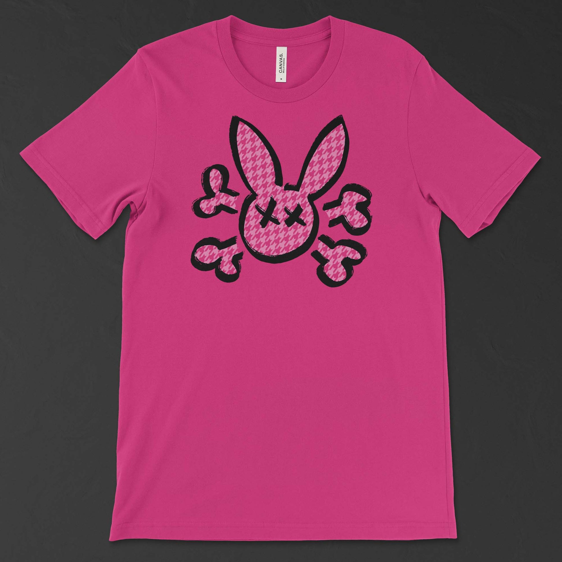 Bunny Skull with Houndstooth Pattern on a berry T-Shirt 