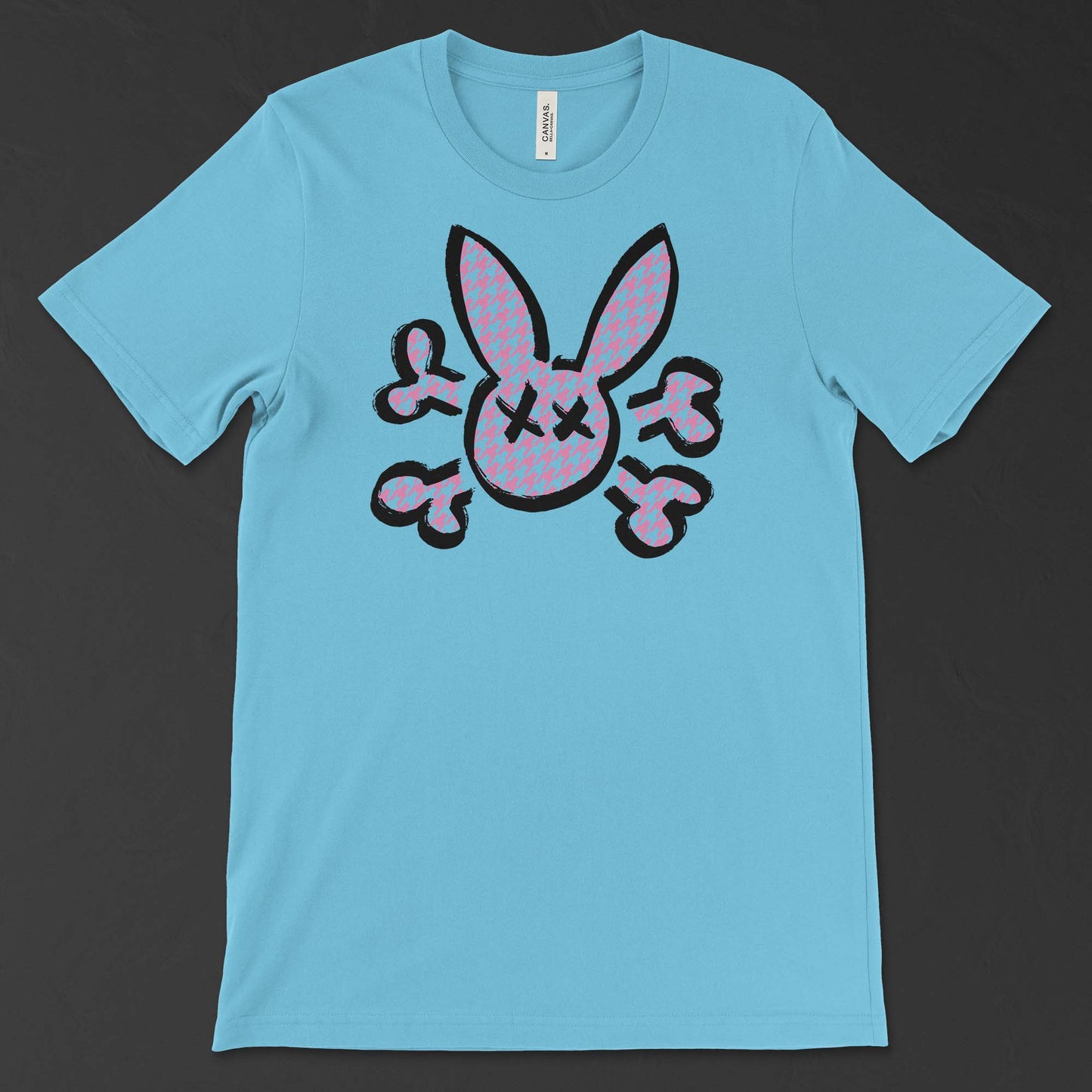 Bunny Skull with Houndstooth Pattern on an ocean blue T-Shirt 