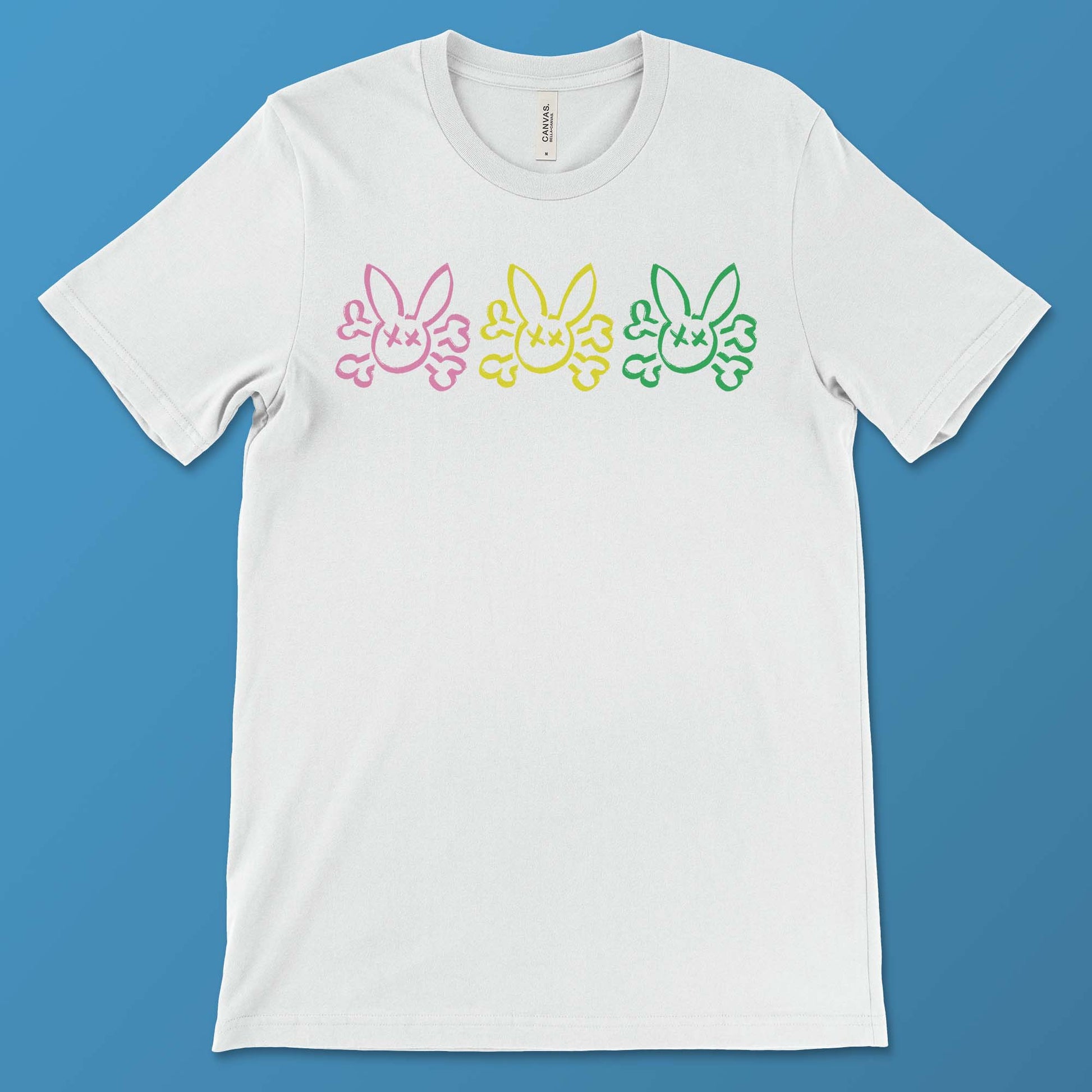 Multi-Color Bunny Skull and Cross Bones on a white T-Shirt 