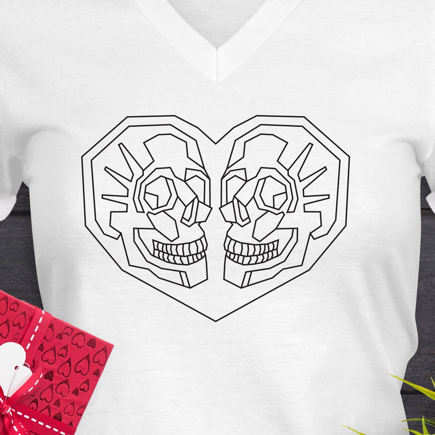 Valentines Day V-Neck T-Shirt with Black geometric heart with 2 Skulls inside