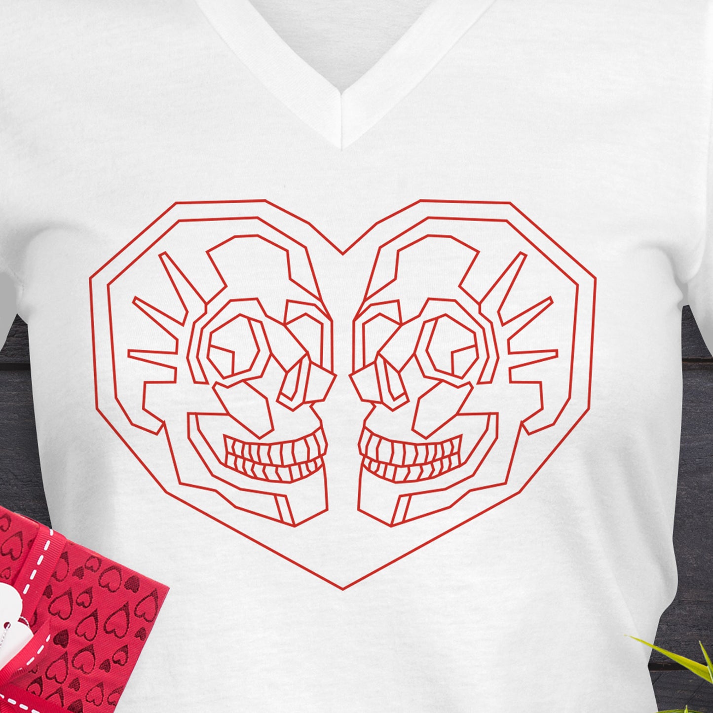 Valentines Day V-Neck T-Shirt with Geometric Heart with 2 skulls