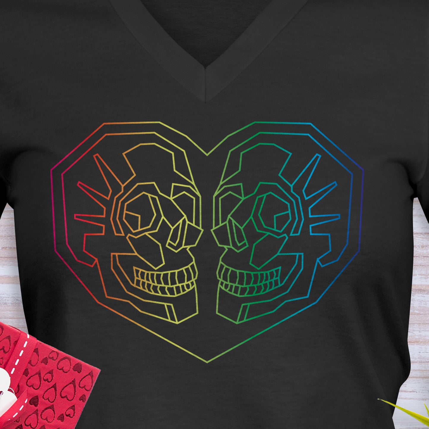 Black Valentines Day V-Neck T-Shirt with Geometric Rainbow heart with 2 skulls inside