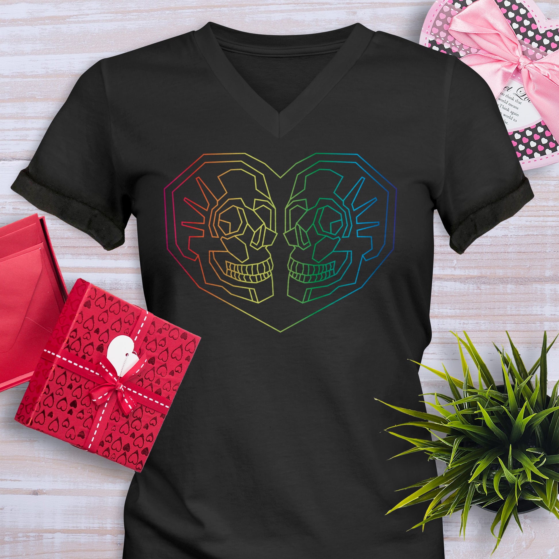 Black Valentines Day V-Neck T-Shirt with Geometric Rainbow heart with 2 skulls inside