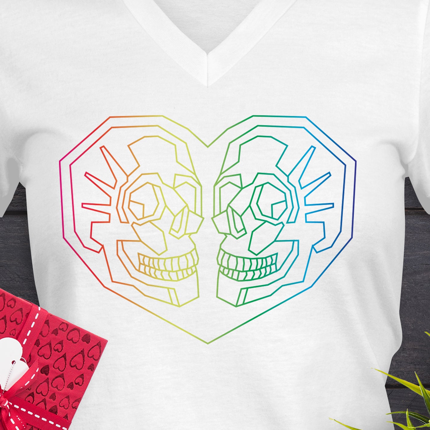 Valentines Day V-Neck T-Shirt with Geometric Rainbow heart with 2 skulls inside