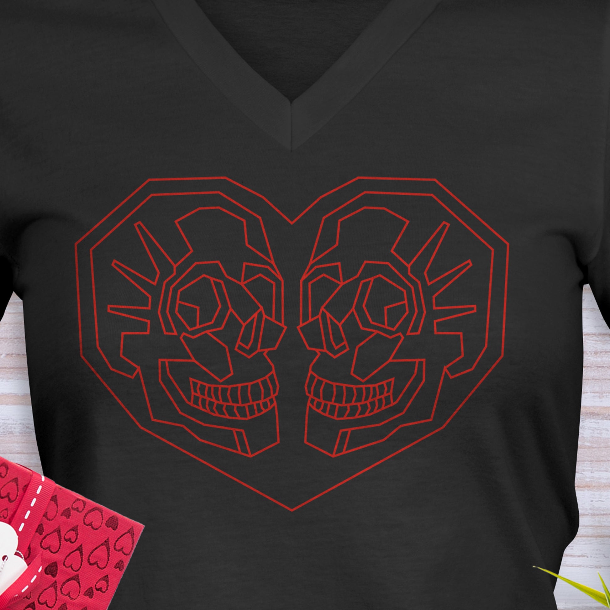 Valentines Day V-Neck T-Shirt with Geometric Heart with 2 skulls