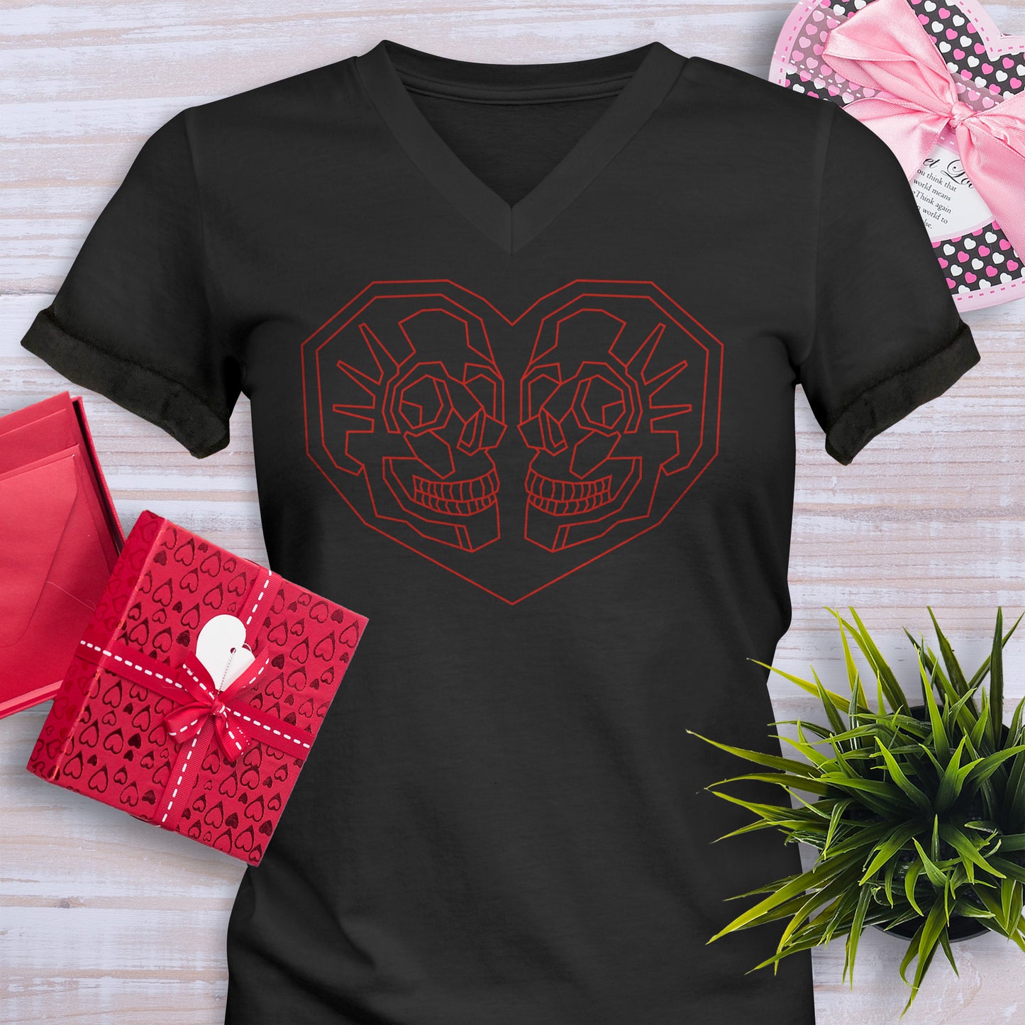 Black Valentines Day V-Neck T-Shirt with Geometric Heart with 2 skulls