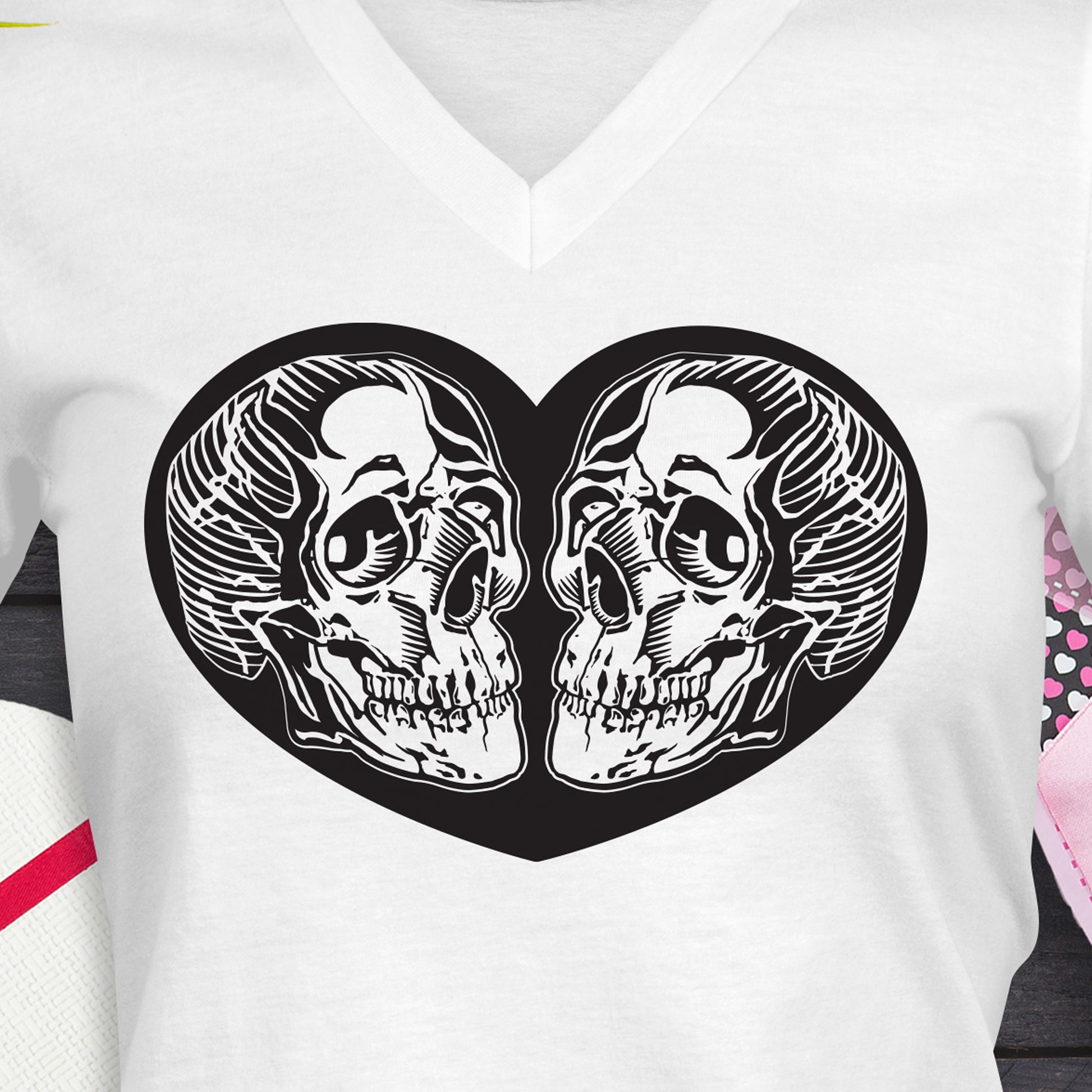 Valentines Day V-Neck T-Shirt with a black heart that has 2 skulls inside