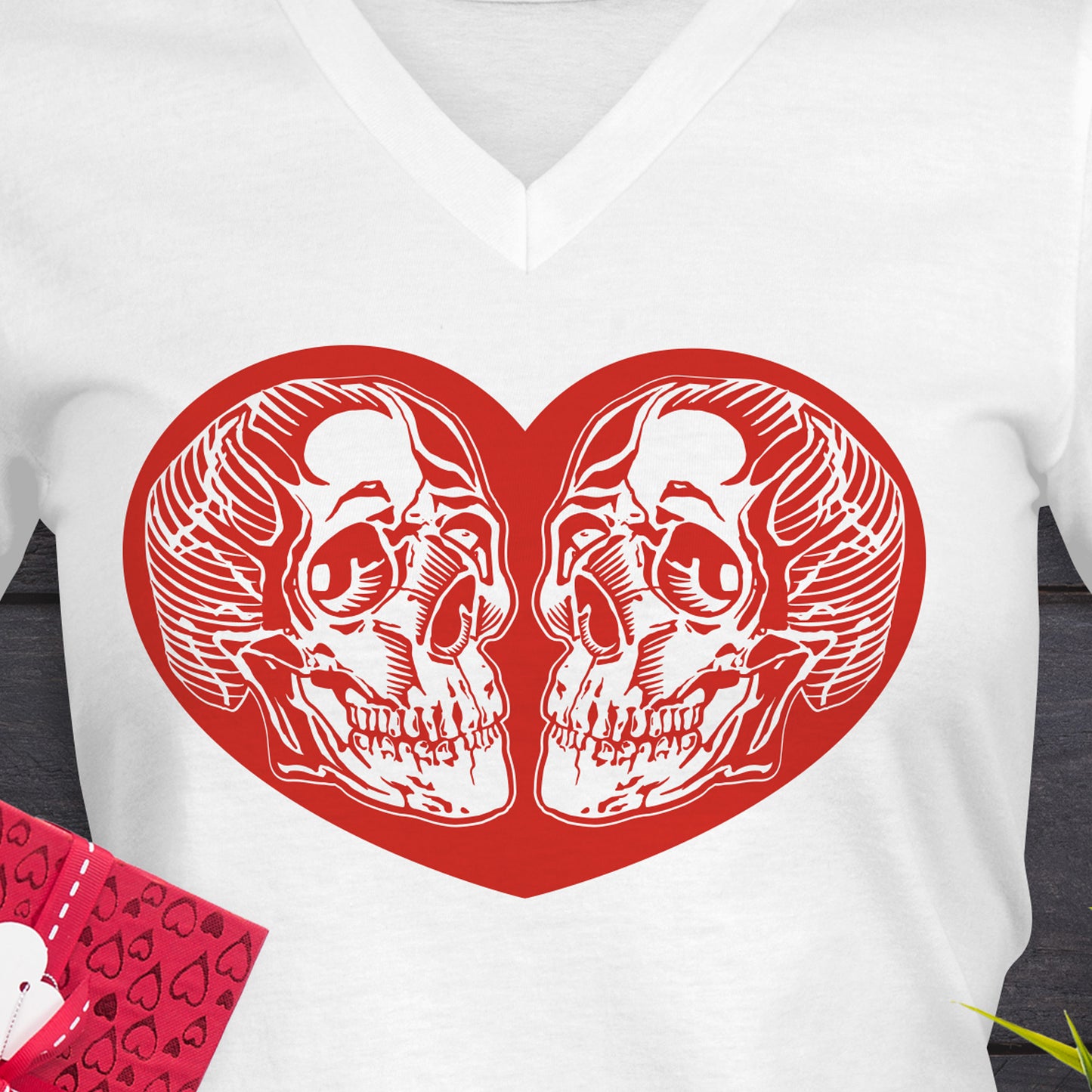 Valentines Day V-Neck T-Shirt with a red heart that has 2 skulls inside