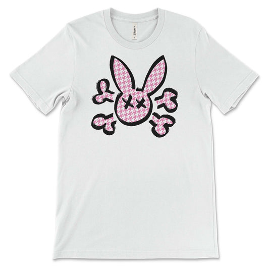 Bunny Skull with Houndstooth Pattern on a white T-Shirt