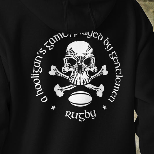 Black hooded sweatshirt with skull and cross bones graphic on back and text about rugby