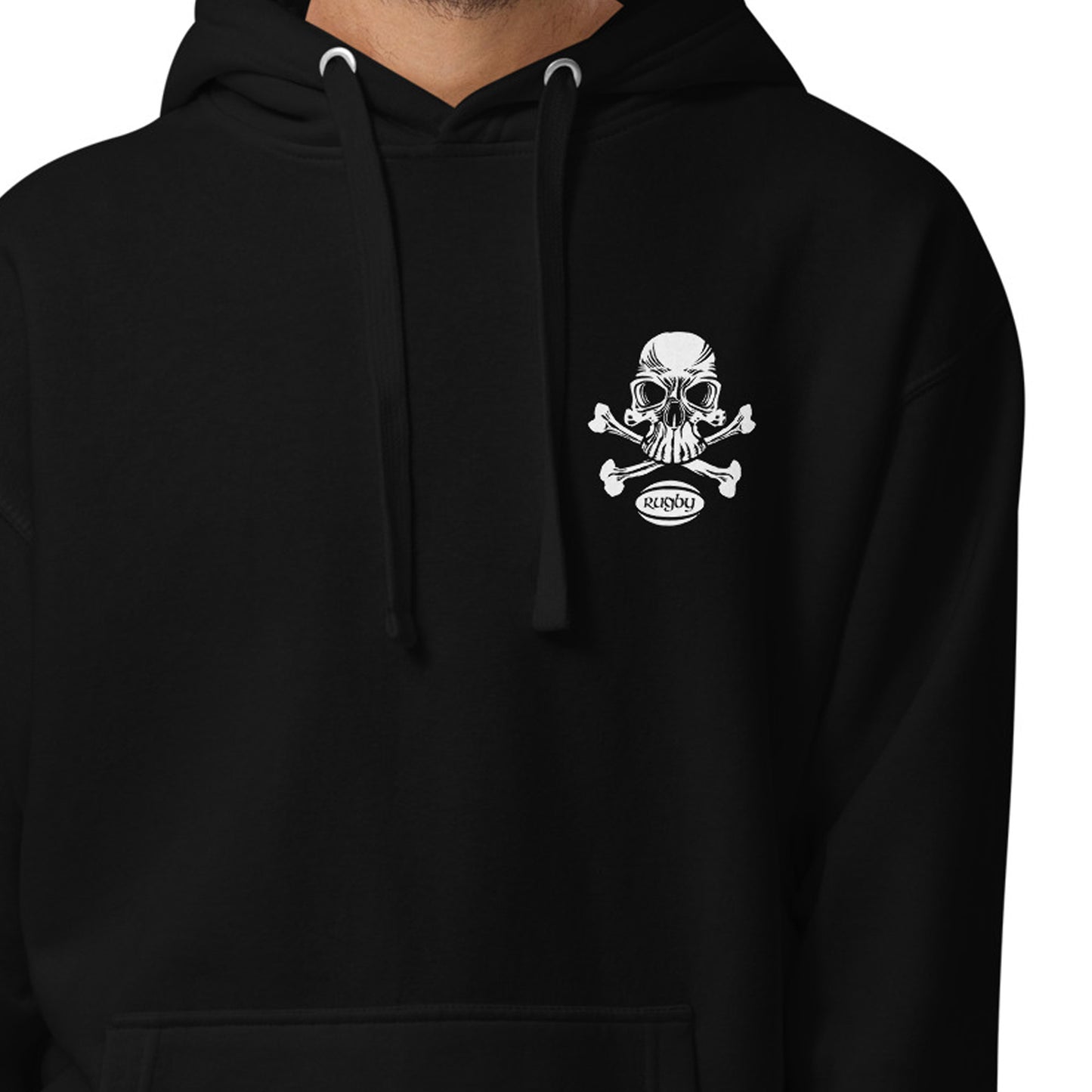 Black hooded sweatshirt with skull and cross bones graphic on front