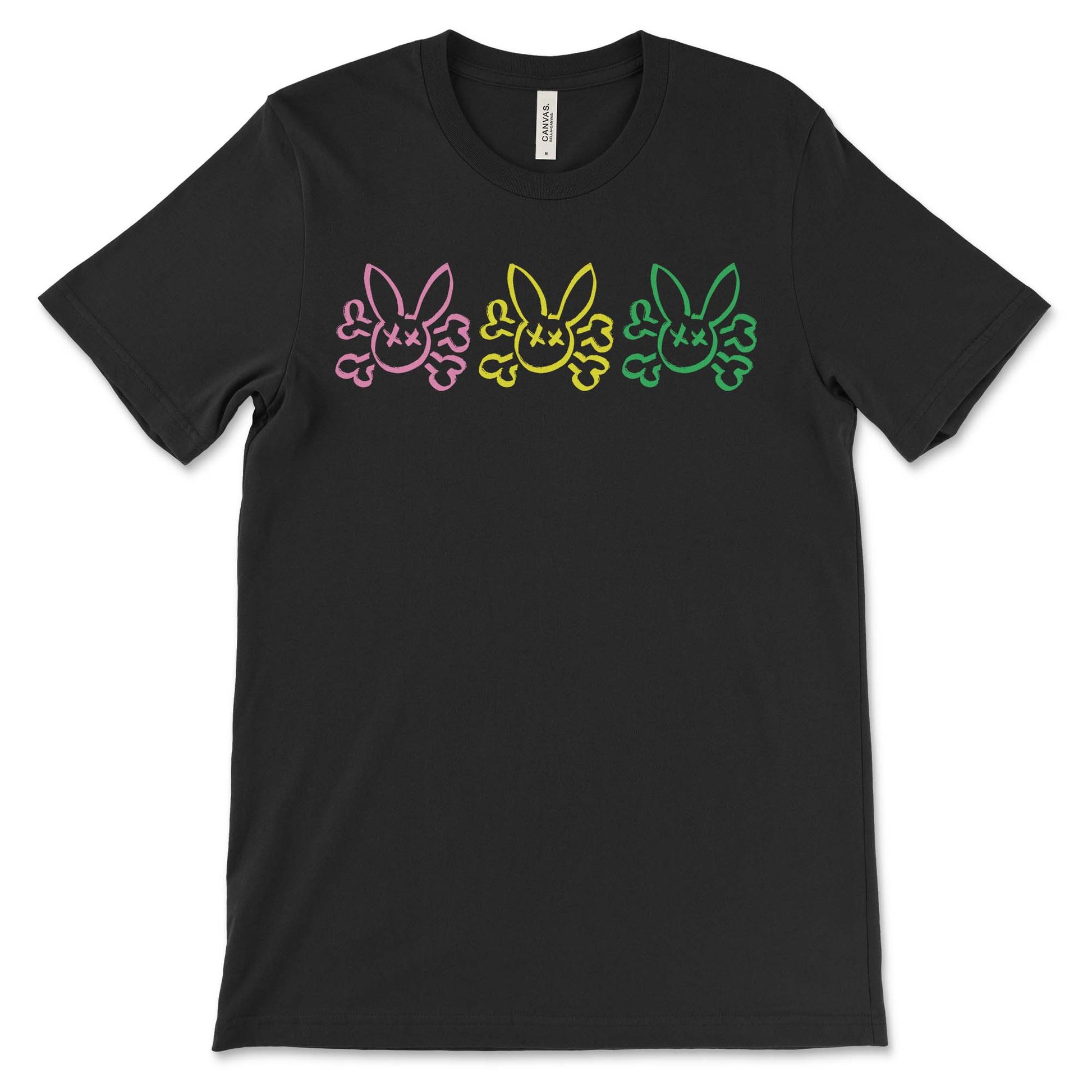 Multi-Color Bunny Skull and Cross Bones on a blackT-Shirt