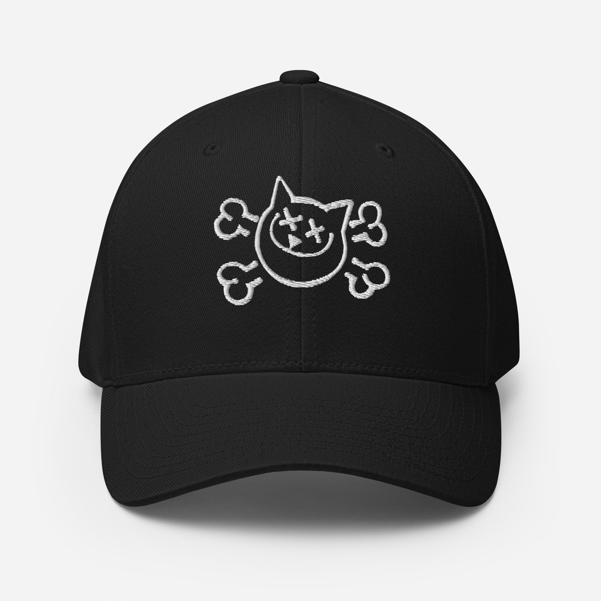 Graffiti cat embroidered in white on black fitted hat