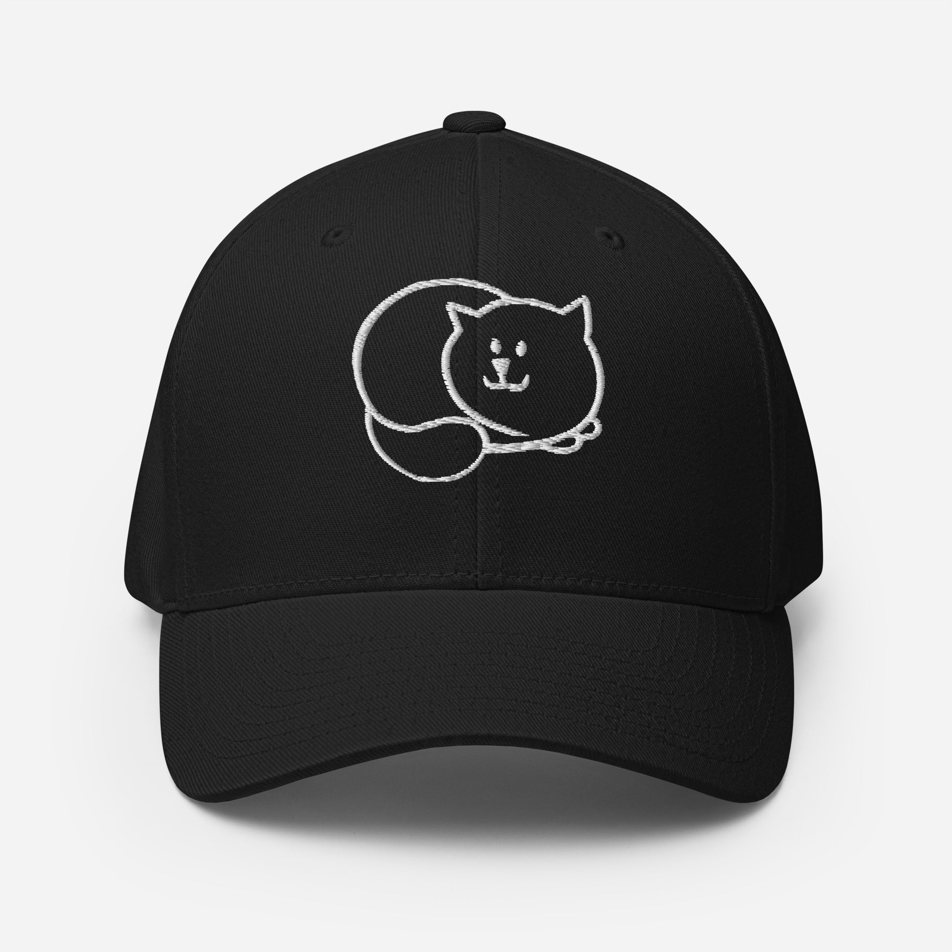 Loafed cat embroidered in white on black fitted hat