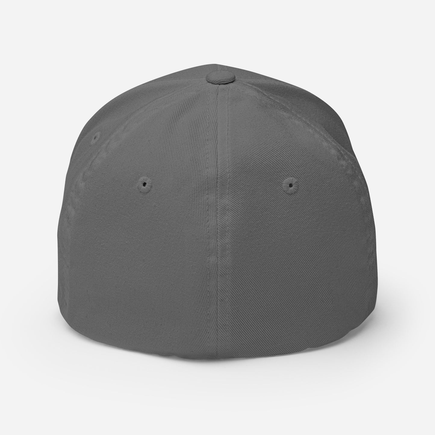 back of fitted gray hat