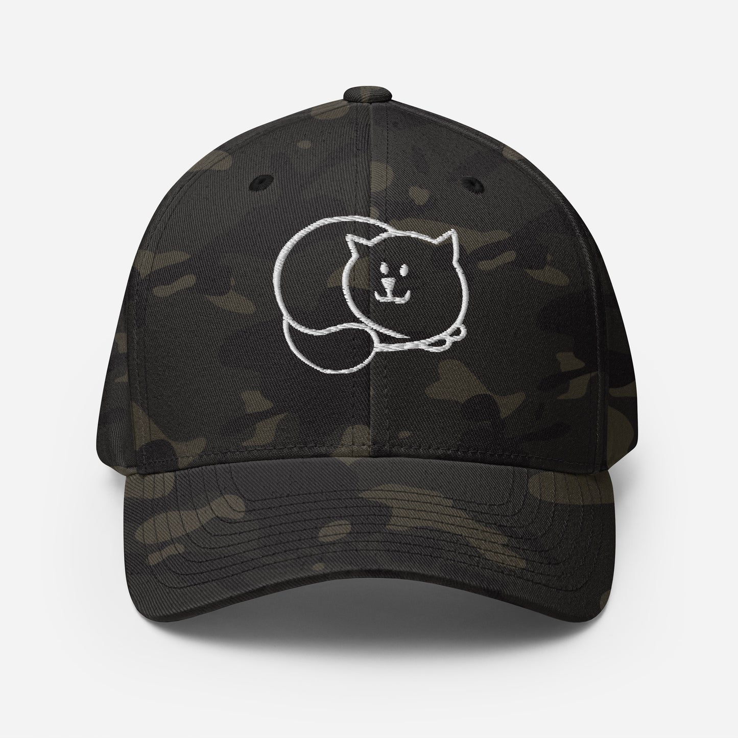 Loafed cat embroidered in white on camo fitted hat