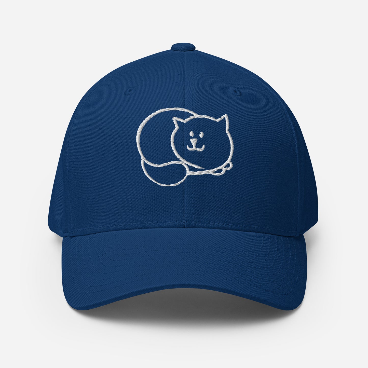 Loafed cat embroidered in white on blue fitted hat