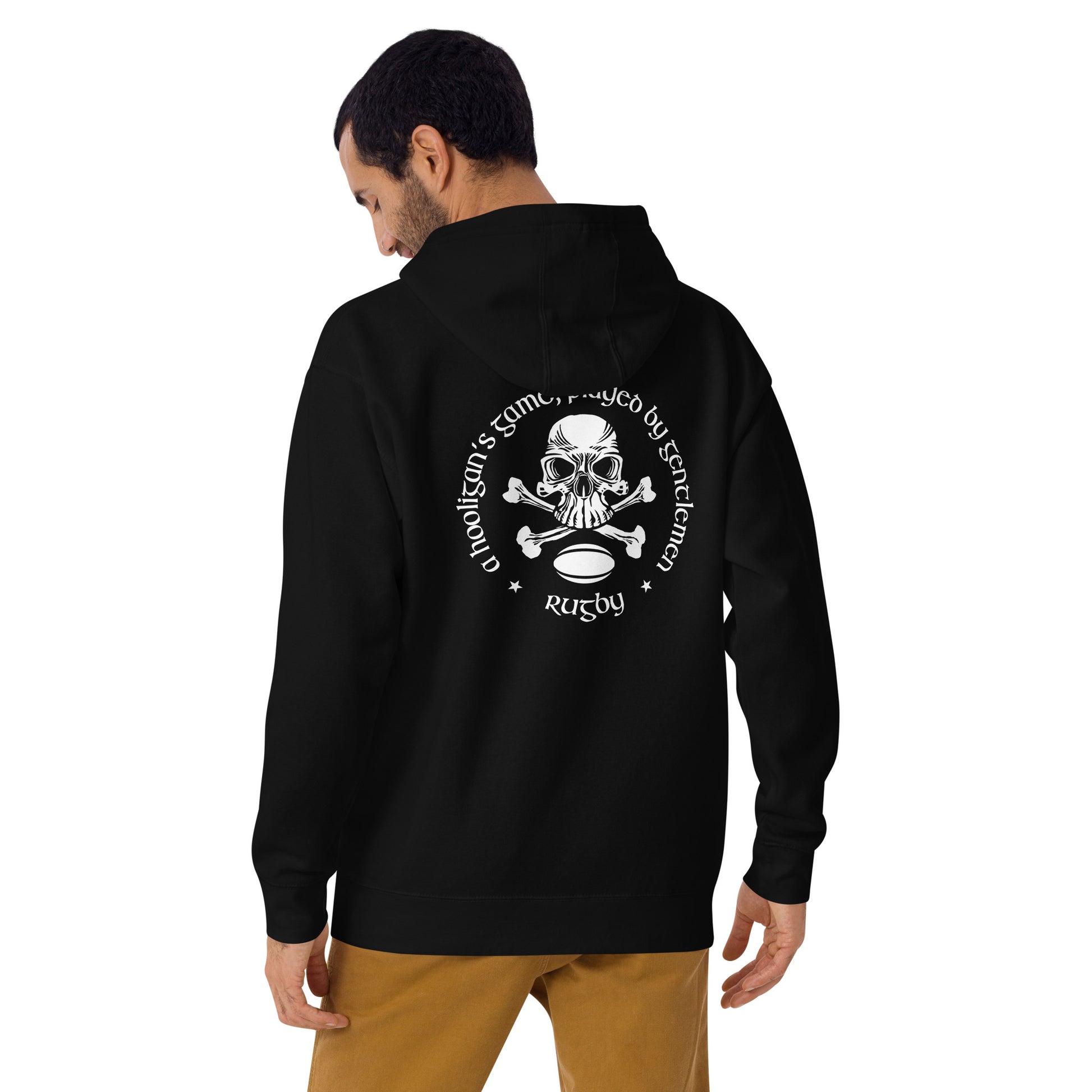 Black hoodie sweatshirt with skull and cross bones graphic on back and text about rugby