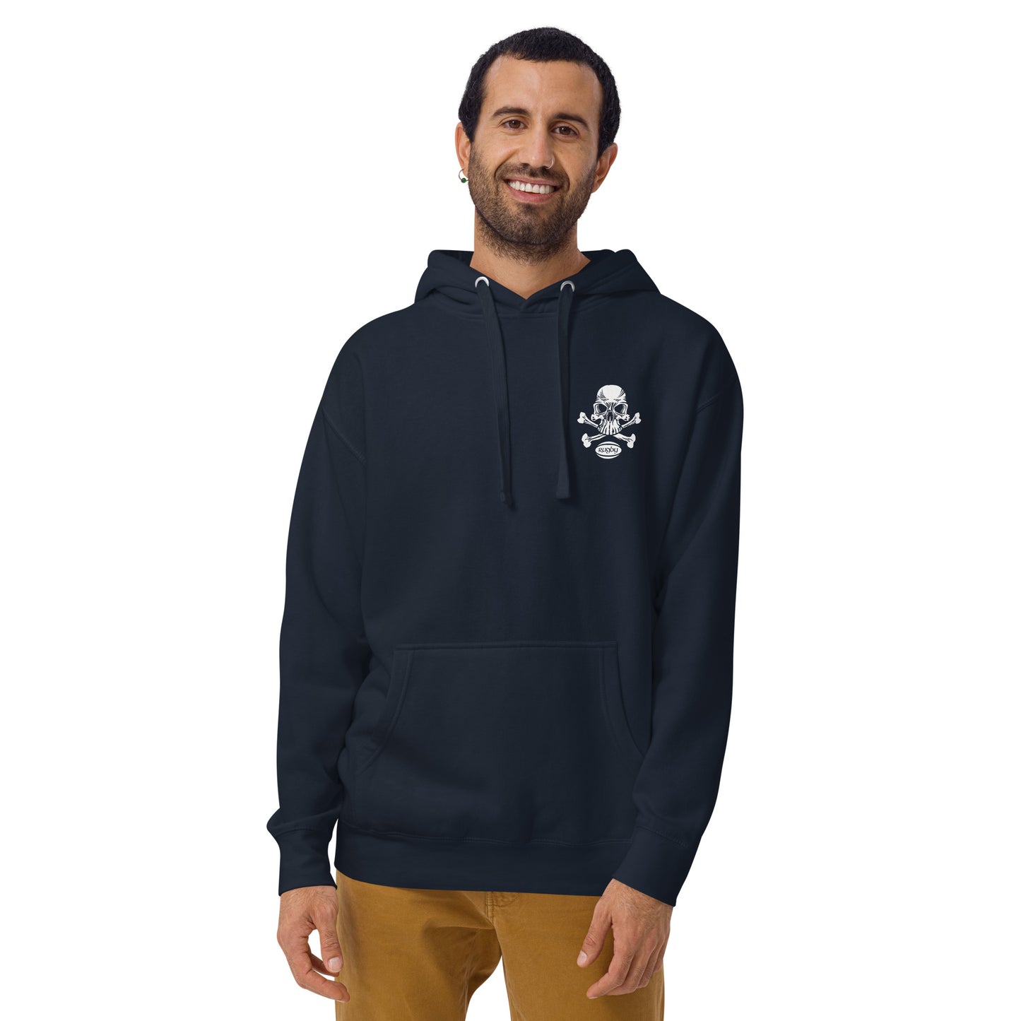 Blue hoodie sweatshirt with skull and cross bones graphic on front and text about rugby