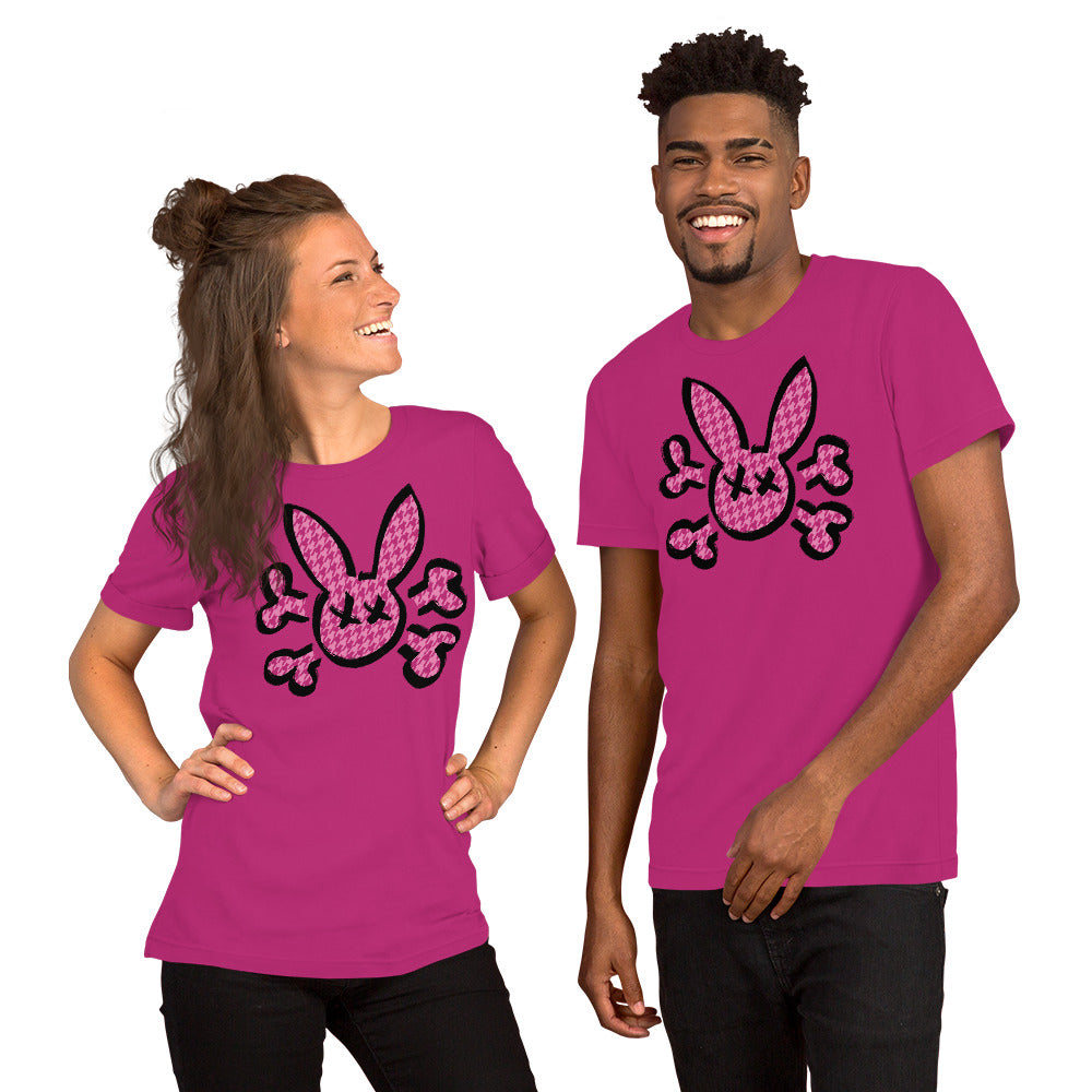 Bunny Skull with Houndstooth Pattern on a berry T-Shirt worn by models