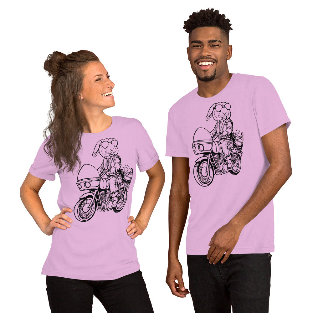 Easter Bunny on a Motorcycle on a Lilac T-Shirt worn by models