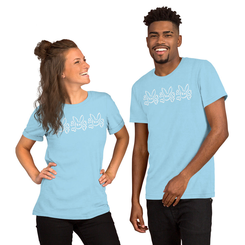 Bunny Skull and Cross Bones on a Ocean Blue T-Shirt worn by models