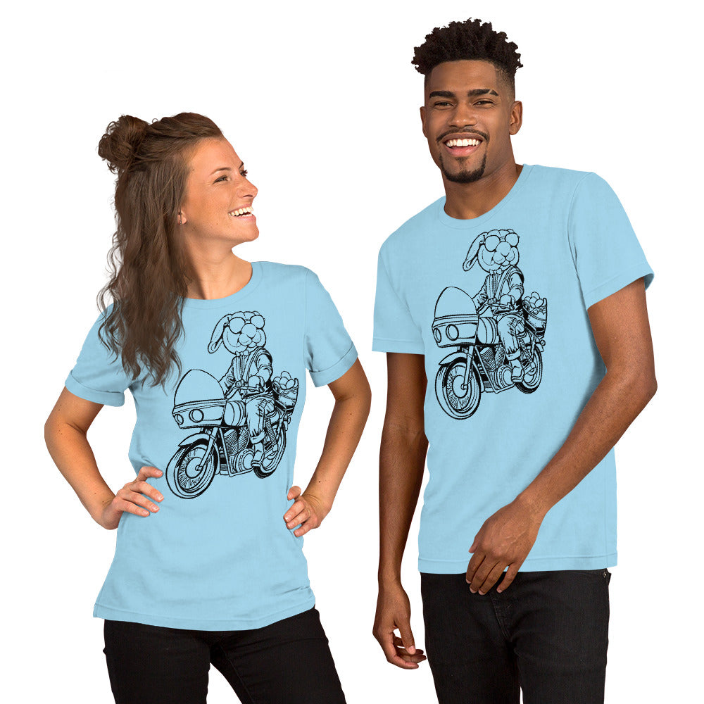 Easter Bunny on a Motorcycle on a Ocean Blue T-Shirt worn by models