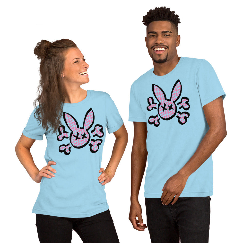 Bunny Skull with Houndstooth Pattern on an ocean blue T-Shirt worn by models