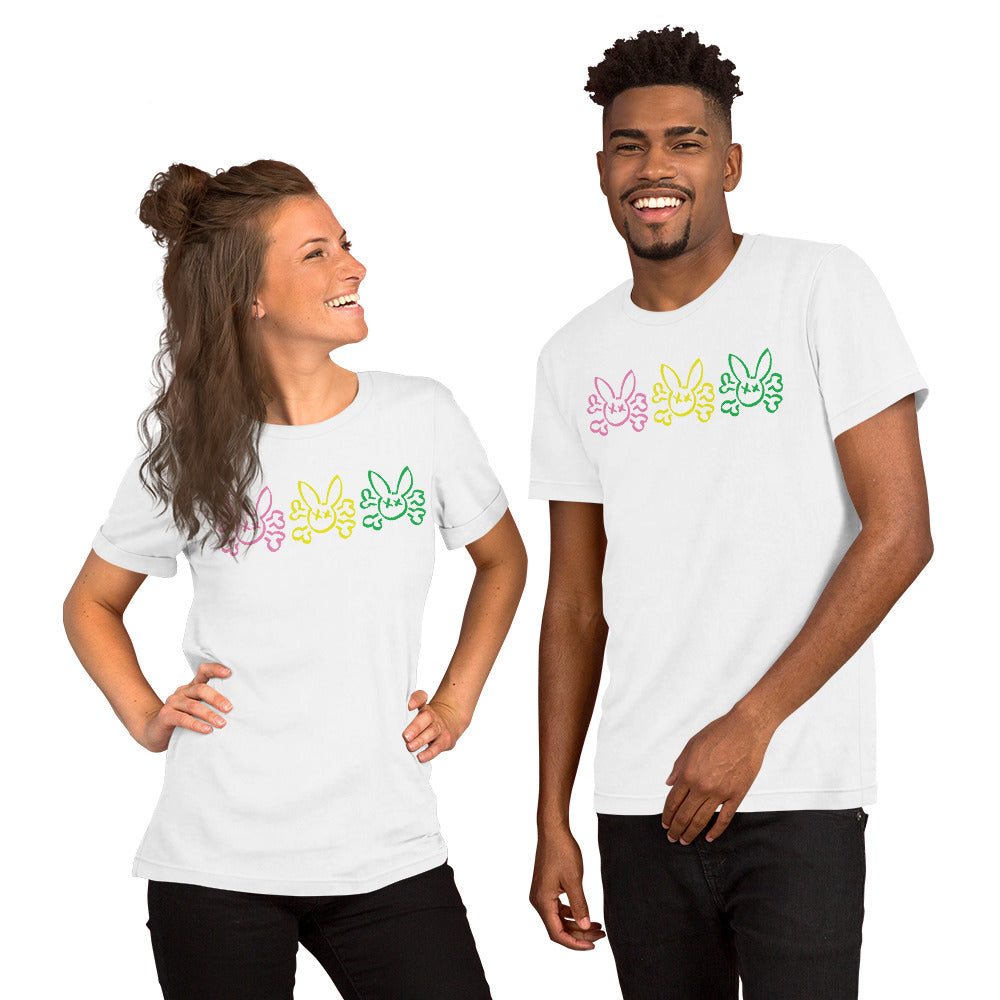 Multi-Color Bunny Skull and Cross Bones on a white T-Shirt worn by models