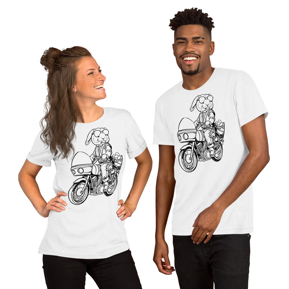 Easter Bunny on a Motorcycle on a White T-Shirt worn by models