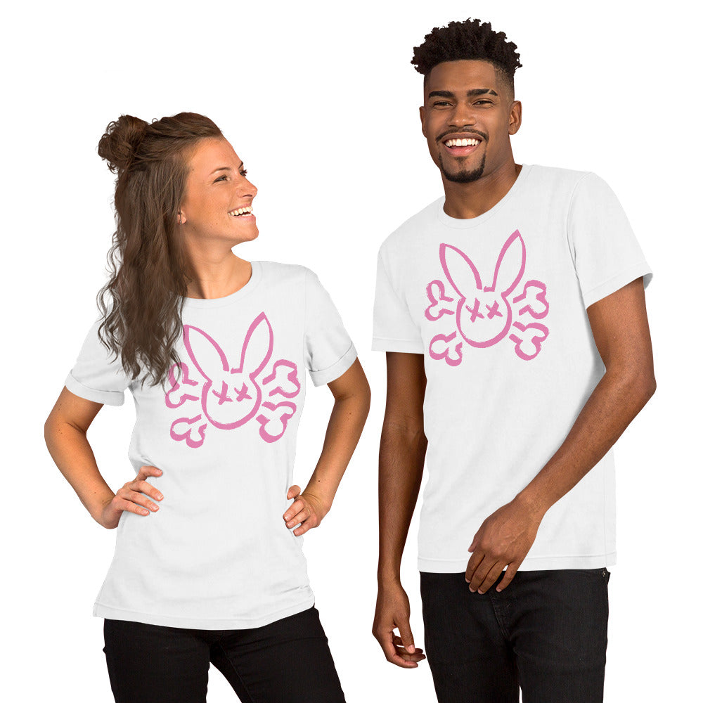 Pink Bunny Skull on a White Graphic Tee worn by models