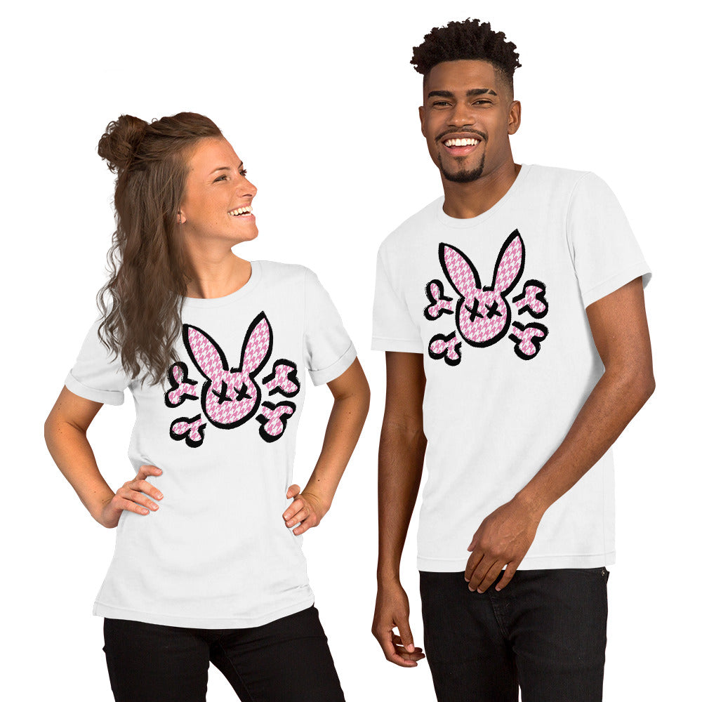 Bunny Skull with Houndstooth Pattern on a white T-Shirt worn by models