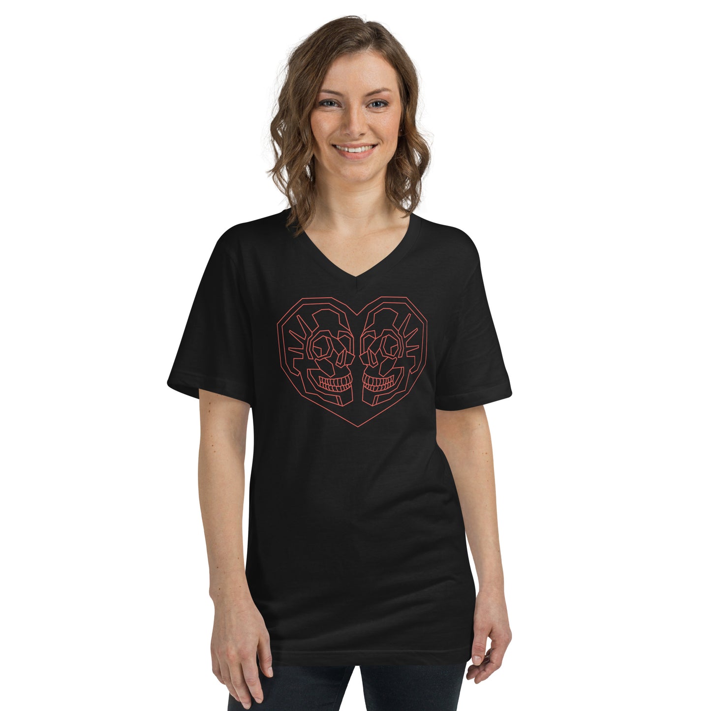 Woman Wearing Valentines Day V-Neck T-Shirt with Geometric Heart with 2 skulls