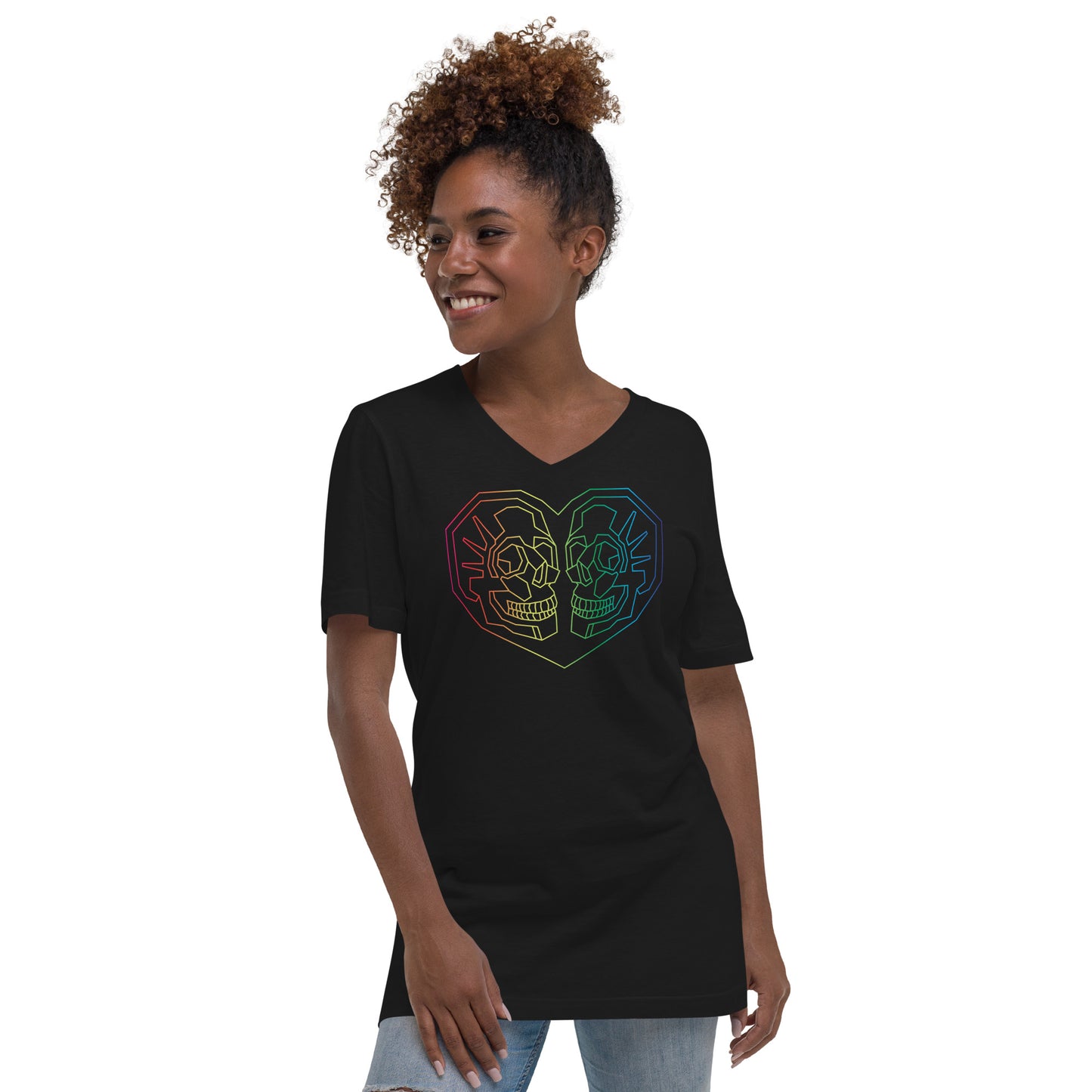 Woman's Valentines Day V-Neck T-Shirt with Geometric Rainbow heart with 2 skulls inside