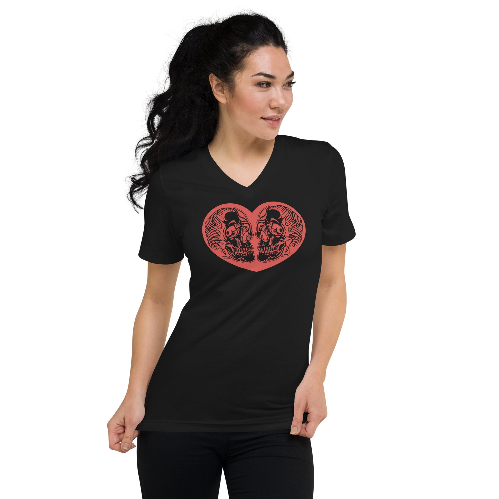 Woman wearing a black Valentines Day V-Neck T-Shirt with a red heart that has 2 skulls inside