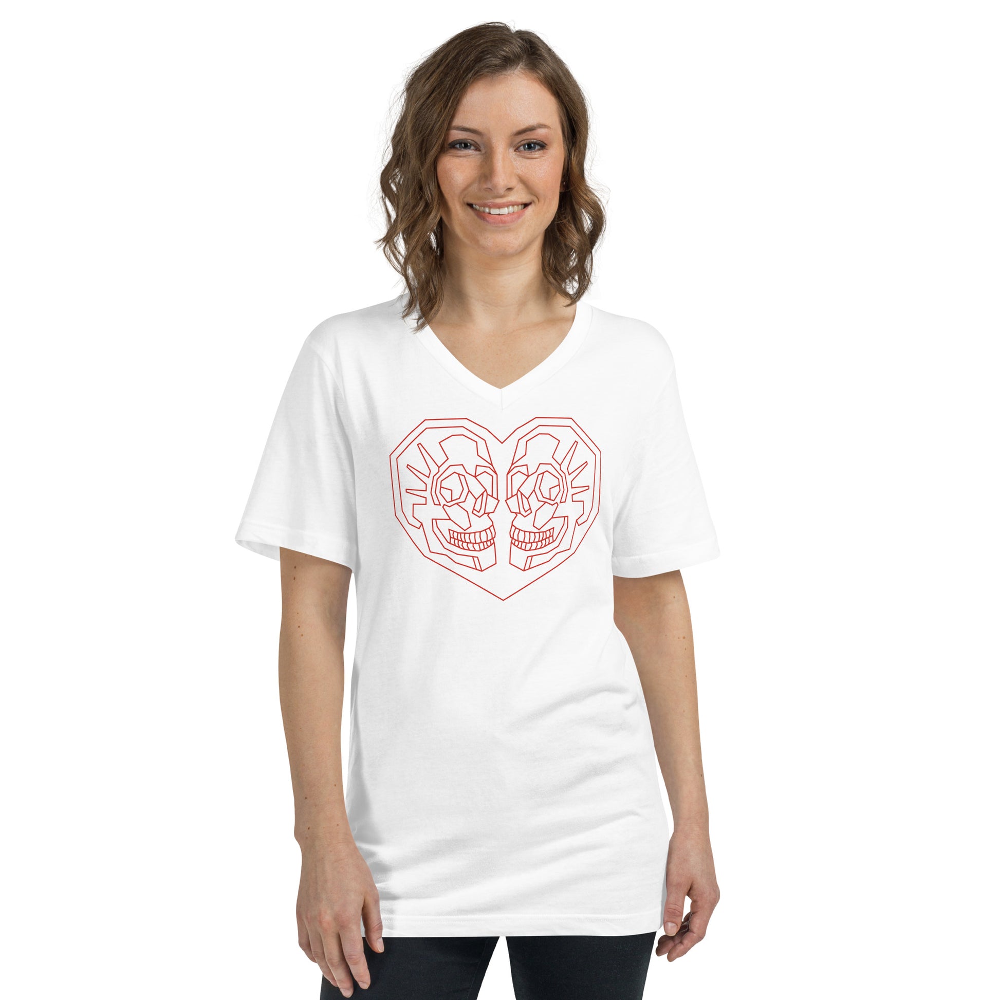 Woman wearing Valentines Day V-Neck T-Shirt with Geometric Heart with 2 skulls