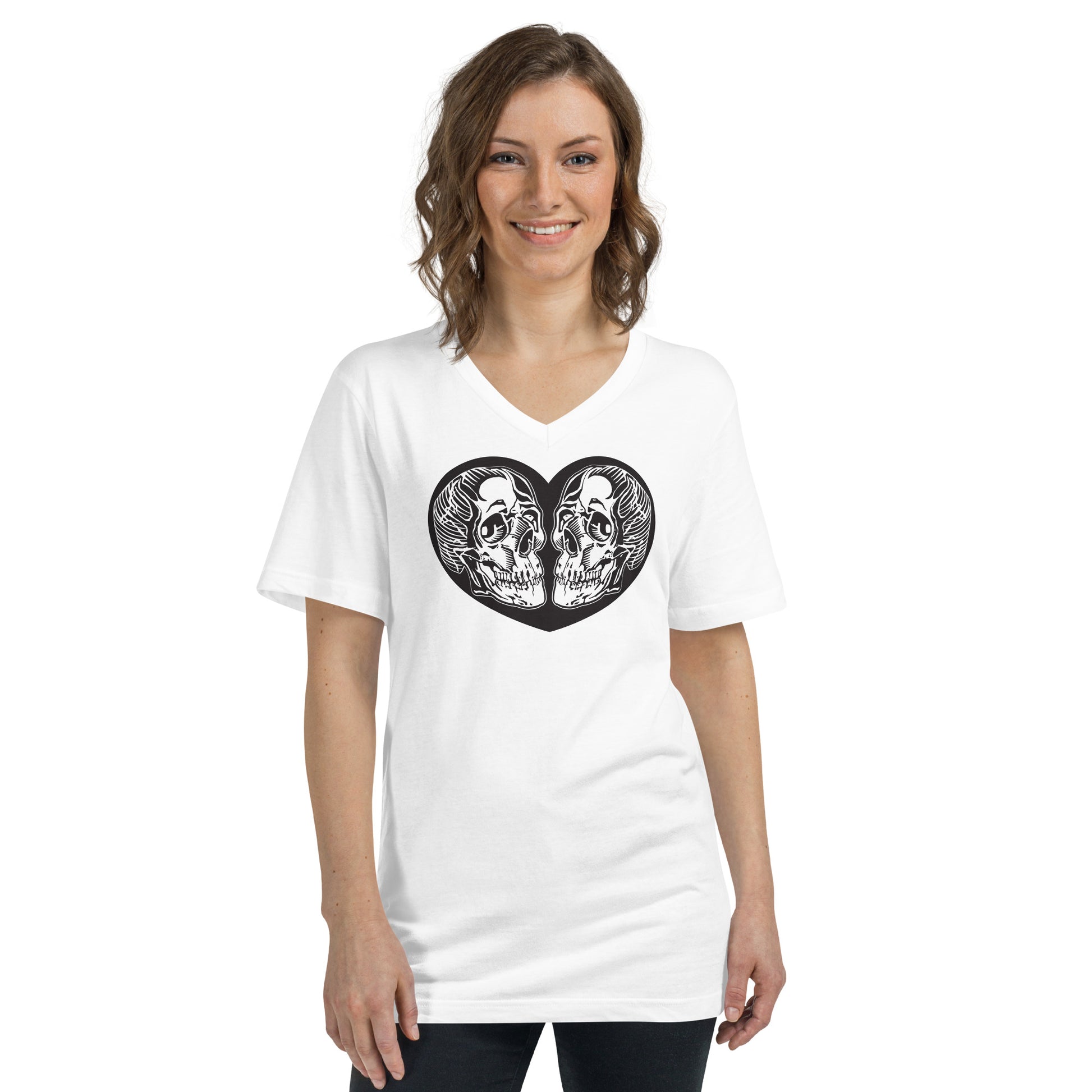 Woman wearing Valentines Day V-Neck T-Shirt with a black heart that has 2 skulls inside