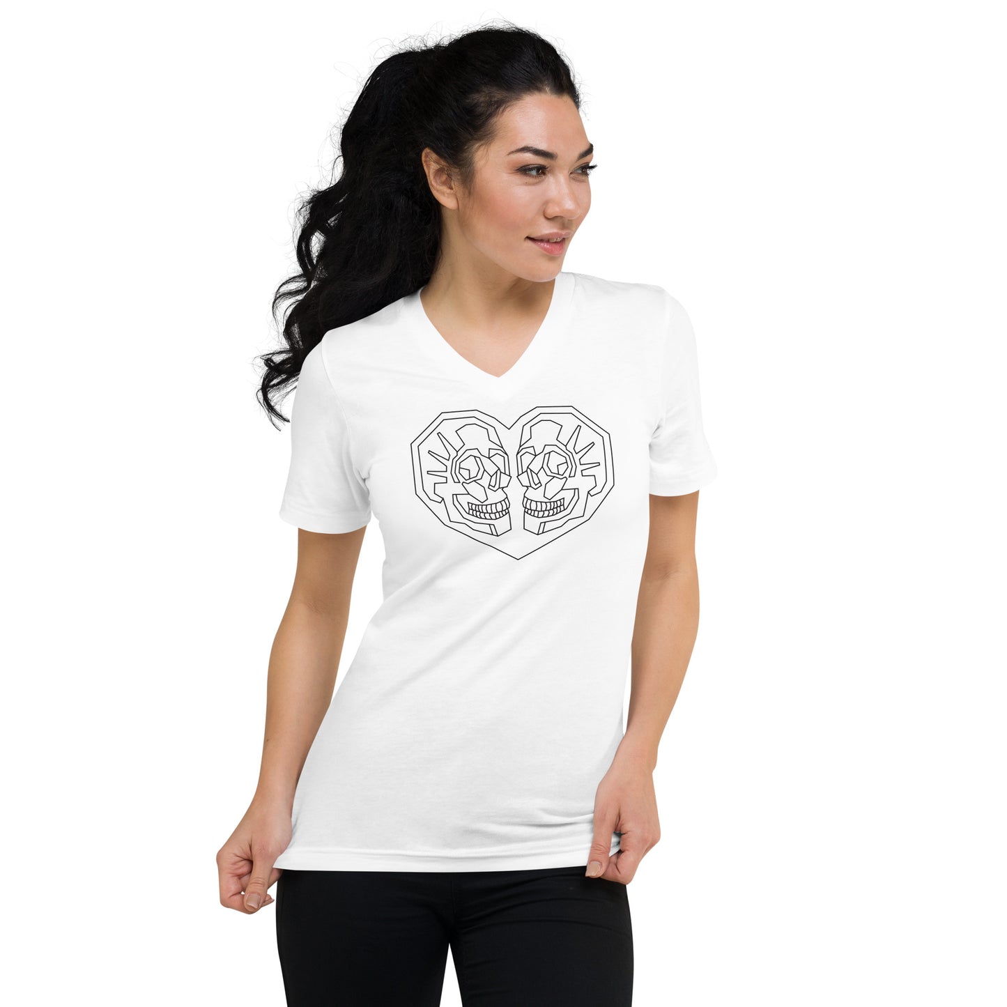 Woman wearing Valentines Day V-Neck T-Shirt with Black geometric heart with 2 Skulls inside