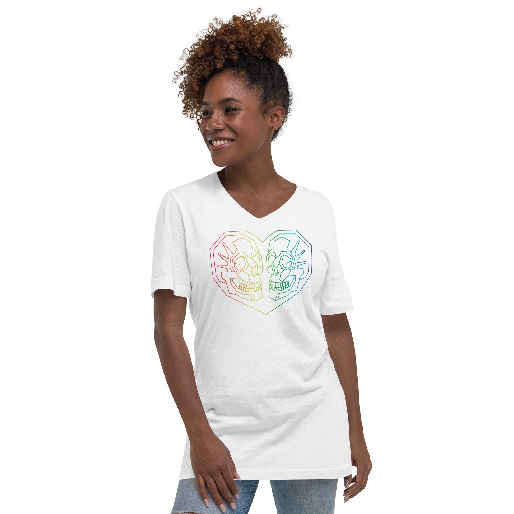 Woman wearing Valentines Day V-Neck T-Shirt with Geometric Rainbow heart with 2 skulls inside