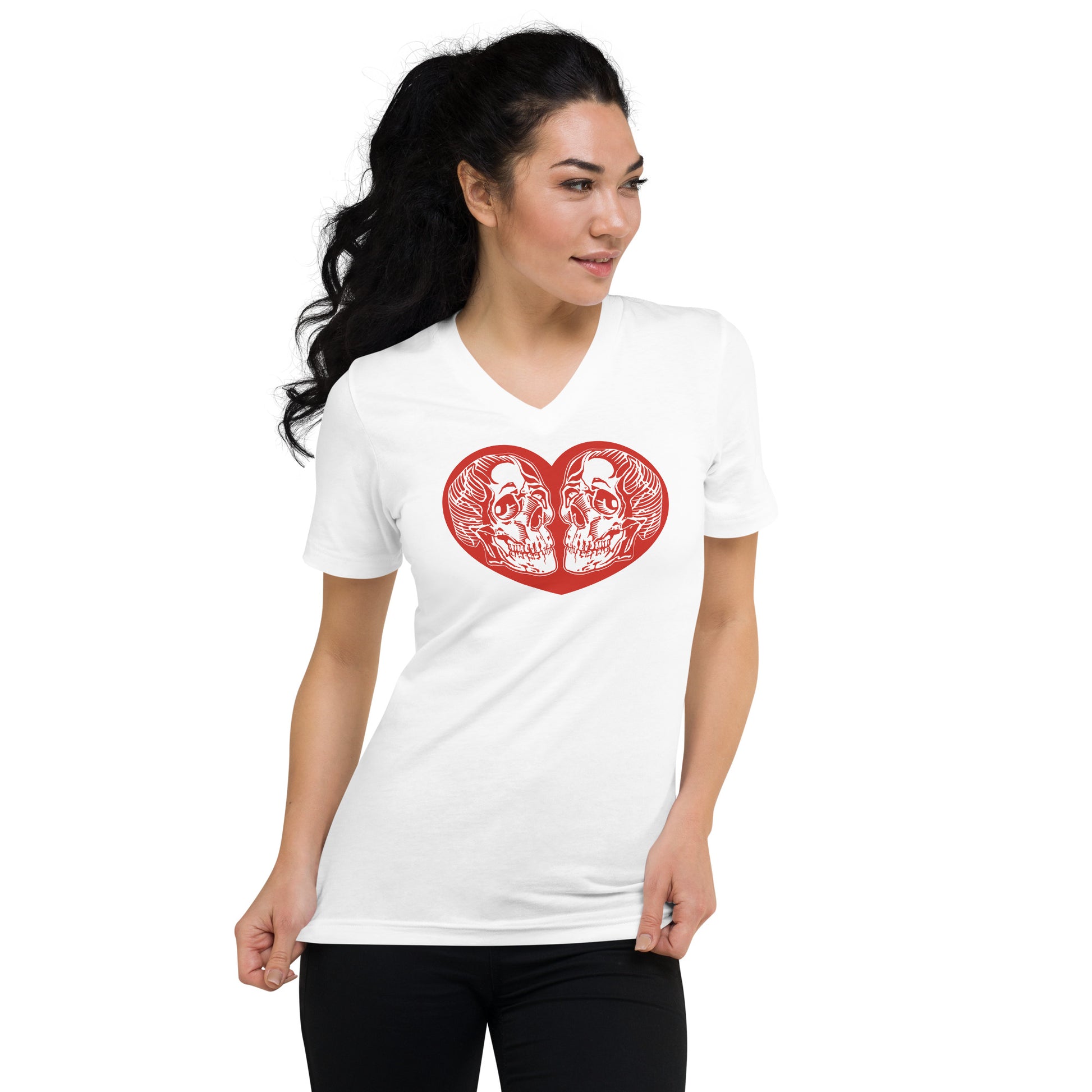 Woman Wearing a Valentines Day V-Neck T-Shirt with a red heart that has 2 skulls inside